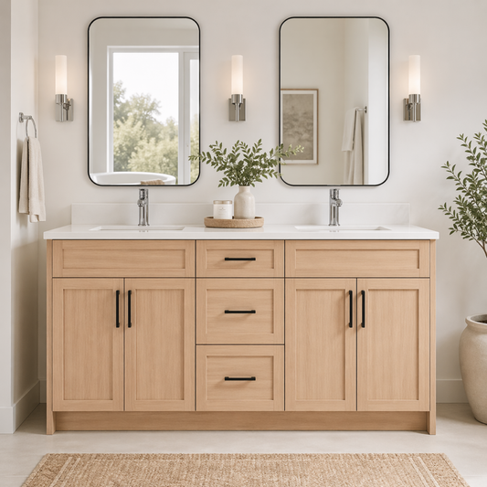 Oak Veneer Bathroom Vanity 60" Double Sink with Countertop