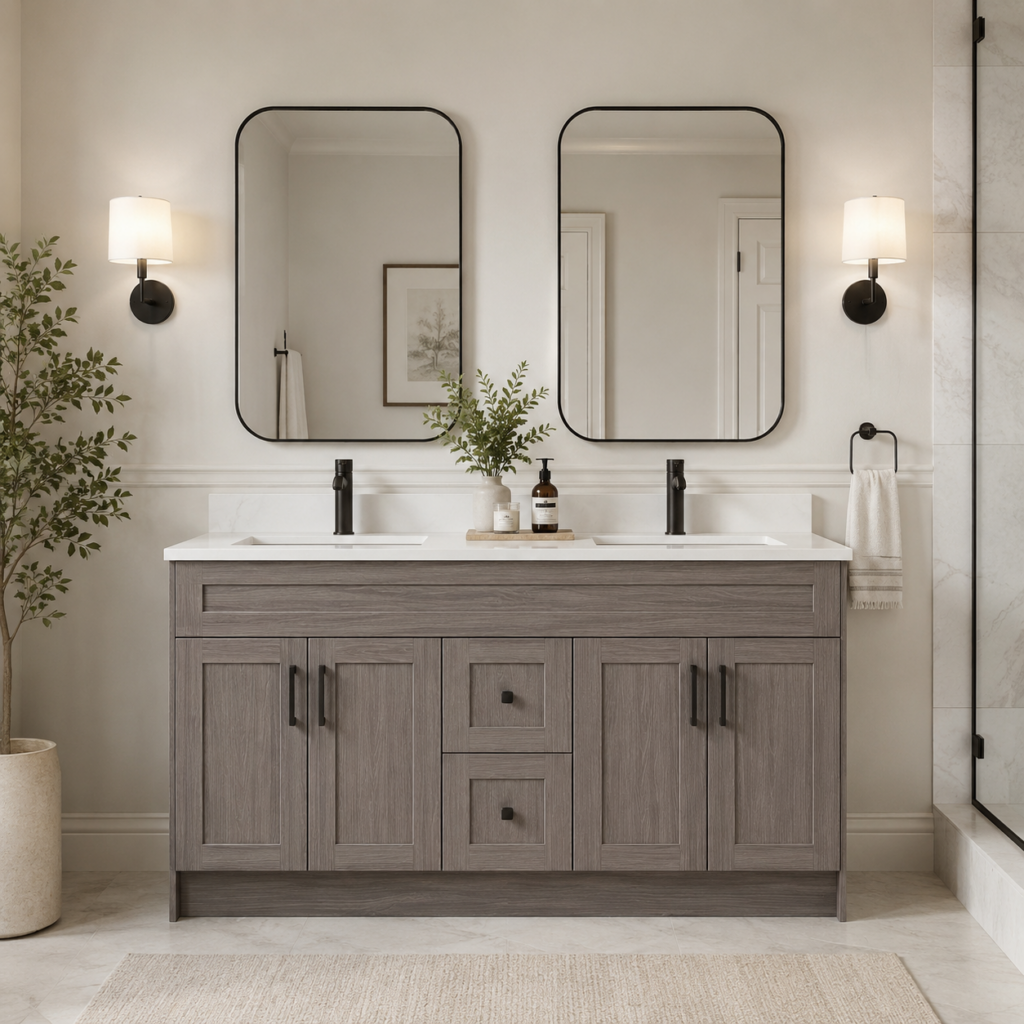 Oak Veneer Bathroom Vanity 72" Double Sink with Countertop